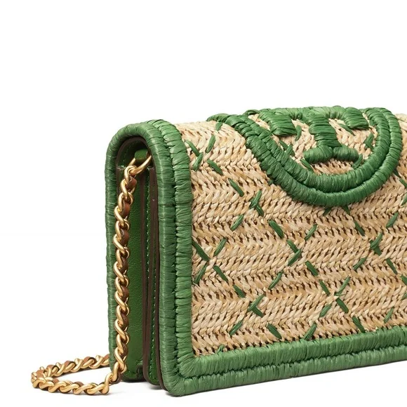 NWOT Tory Burch Fleming Soft Straw Wallet Crossbody - Arugula Green Chain Bag - Picture 2 of 12